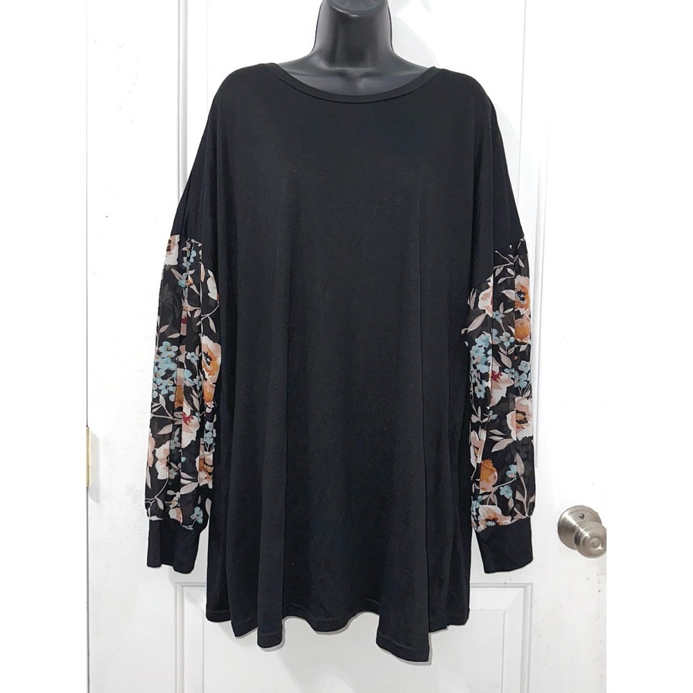 Grace & Emma black long-sleeved top with sheer floral sleeves